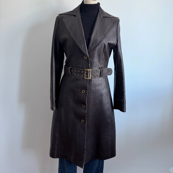 Nylon by Dex - Long Brown Leather Coat with Belt - Picture 1 of 15